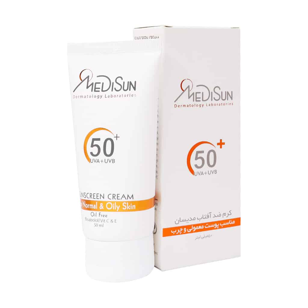 کرم ضد آفتاب SPF50 مدیسان پوست معمولی و چرب بی رنگ